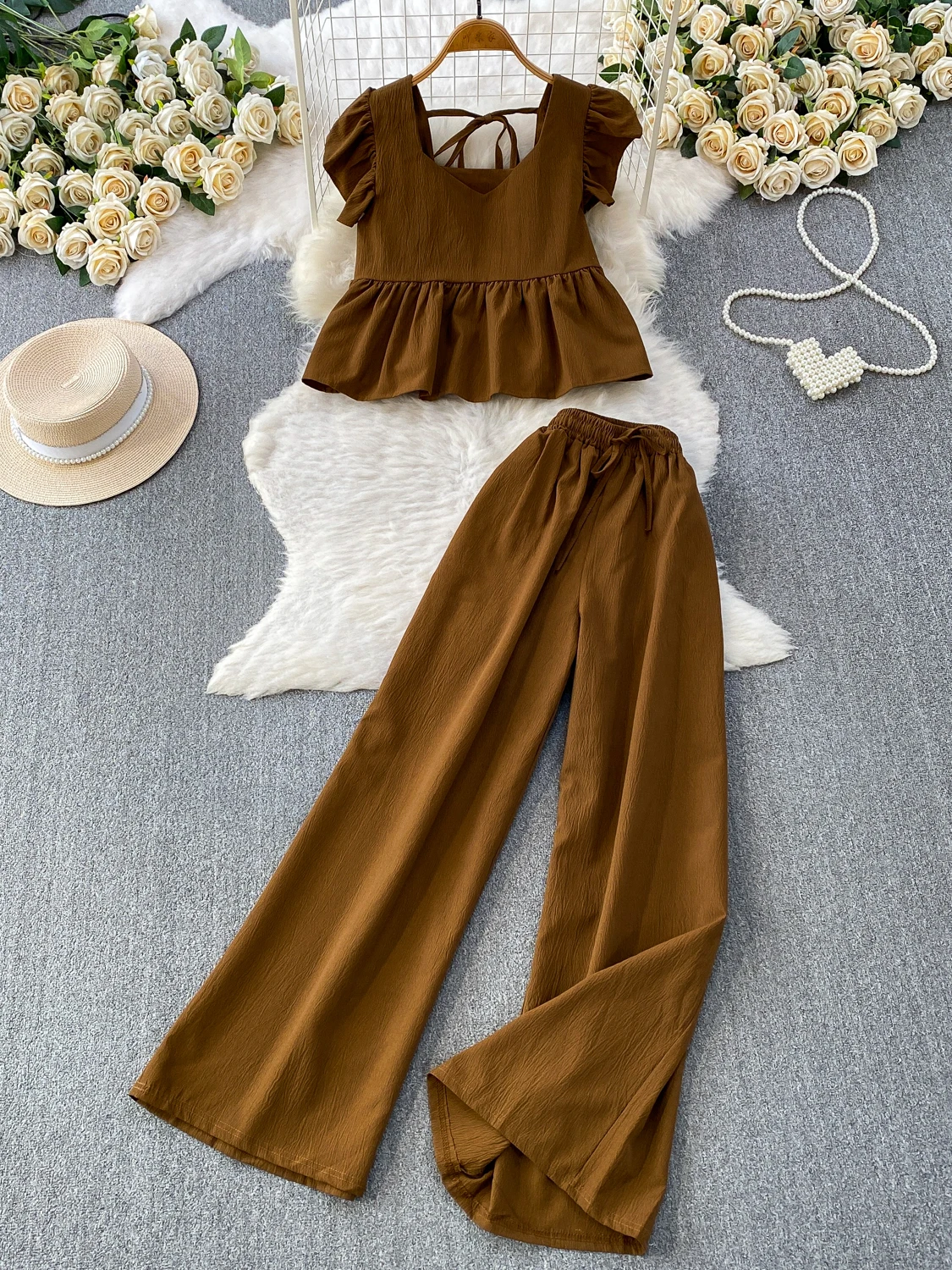 Ladies Elegant Pink Texture Blouse with Fly Sleeve High Waist Straight Neck Design And Long Pants Two Piece Set for Slimming ...