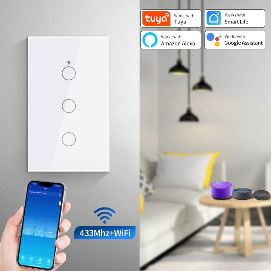 

Умный выключатель Tuya Wi-Fi RF 433, 1/2/3 кнопочный выключатель, без нейтрального провода, сенсорный выключатель панели, голосовое управление Alexa Google Home