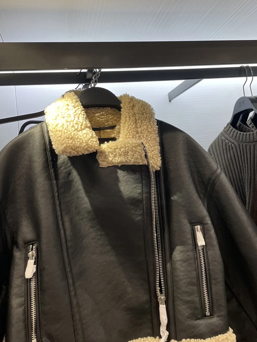 Double-Sided Leather And Fur Jaet Biker Sle Collar Women's Autumn Winter New Faion Outerwear  Collar Zipper ket