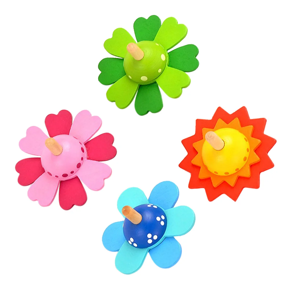 4 Pcs Flower Spinning Top Pressure Relief Toys Kids Wooden Gyro Shape Children Plaything Rotating Stress Reliever Educational