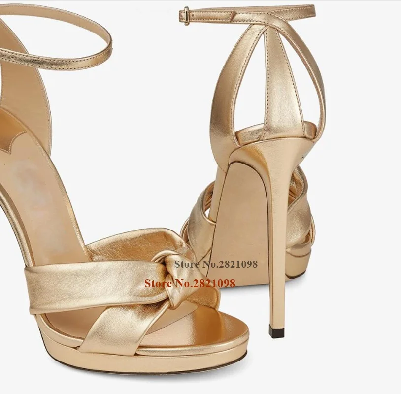 Metallic Golden Thin Platform Heeled High Heel Sandals Women's Shoes Hollow Out Back Cross Knot Ankle Wrap Sexy Shoes Party