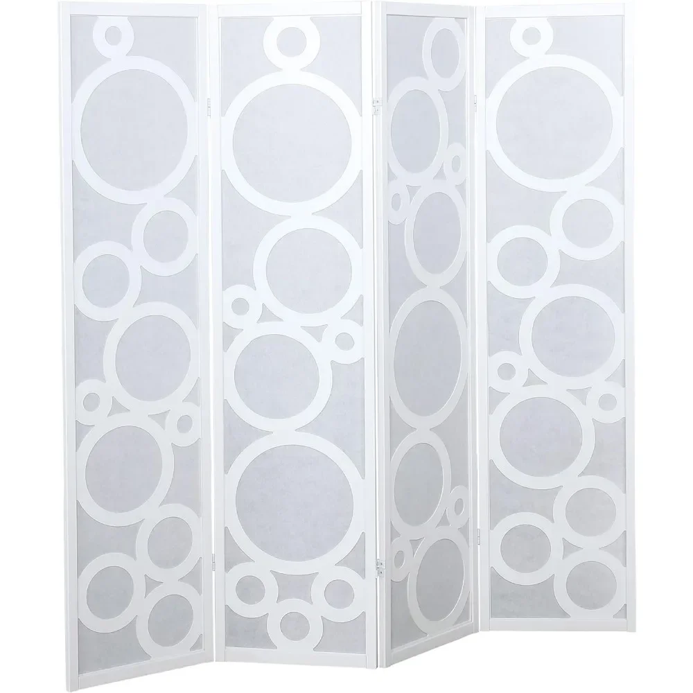 4-Panel Wood Room Divider With Circle Pattern Desk Partition Wall Dividers White Freight Free Folding Room Screen Standing Decor