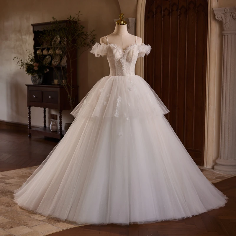 AnXin SH Vintage Prinzessin weiße Blume Spitze Spaghettiträger Rüschen Party Schnürung Ballkleid Braut maßgeschneidertes Abendkleid