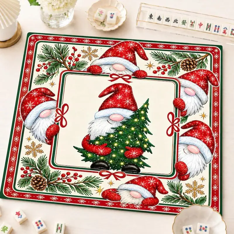 VIKAMA Christmas Mahjong Mat Gnome Tree Non Slip Table Cover For Mahjong Poker Card Game Family Party Holiday Home Decor