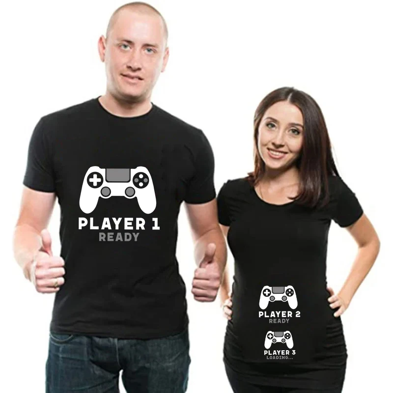 Player 1/2 Ready Player 3 Loading Print T-Shirt Couple Summer Funny Maternity Matching T Shirts Pregnancy Announcement Outfits