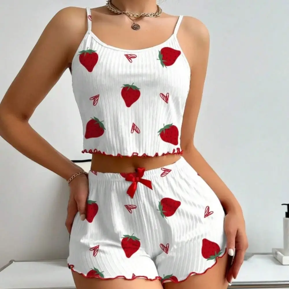 

Polyester Fiber Strawberry Print Pajama Set Midweight Comfortable Two-Piece Sleepwear Thin Fabric Breathable Strap Pajamas Set