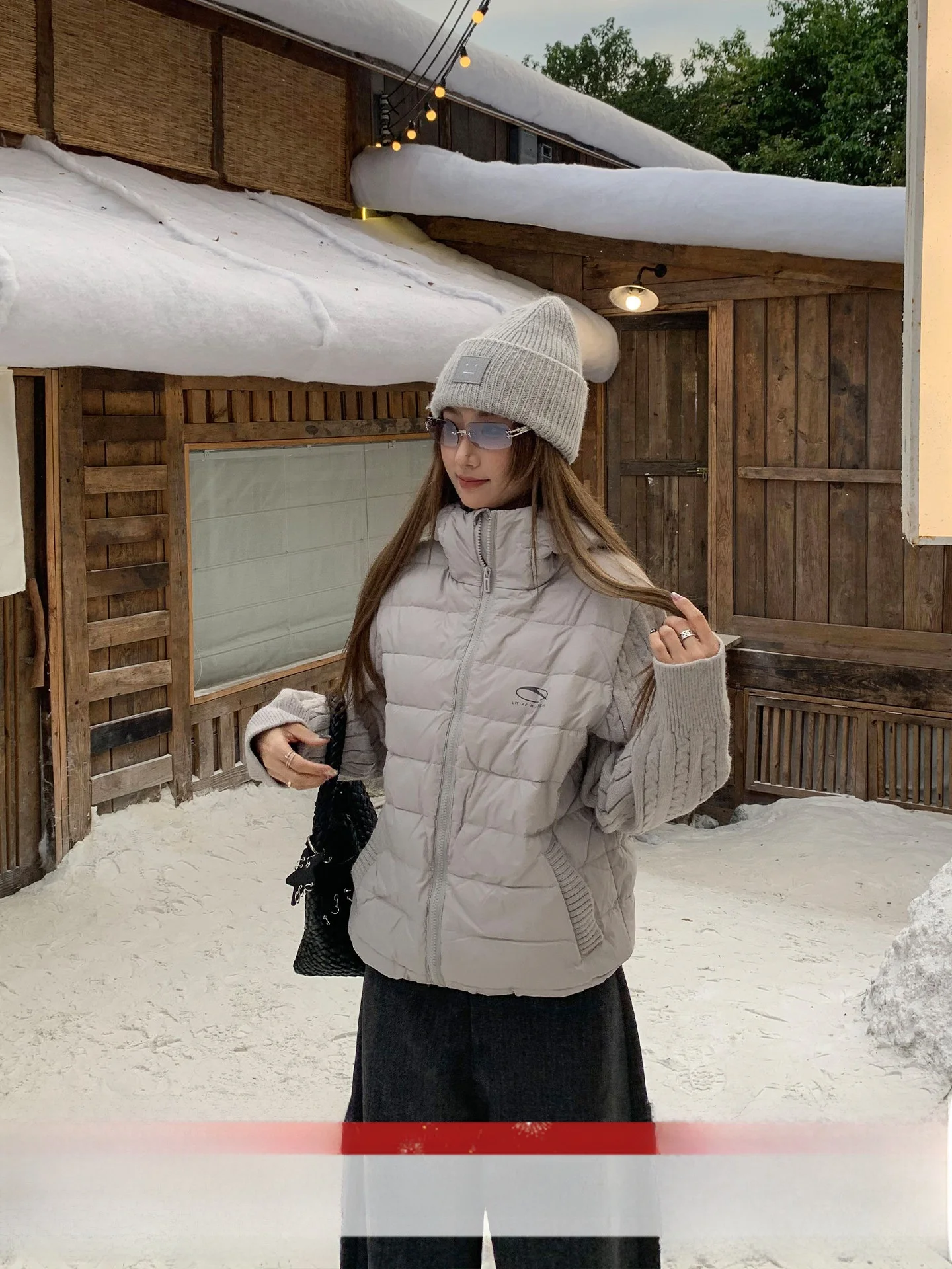 

Retro Knitted Patchwork Women's Winter Jaet Slim Fit Zipper Coat Korean Sle Du down Warm Long Sve Hooded Regular Length