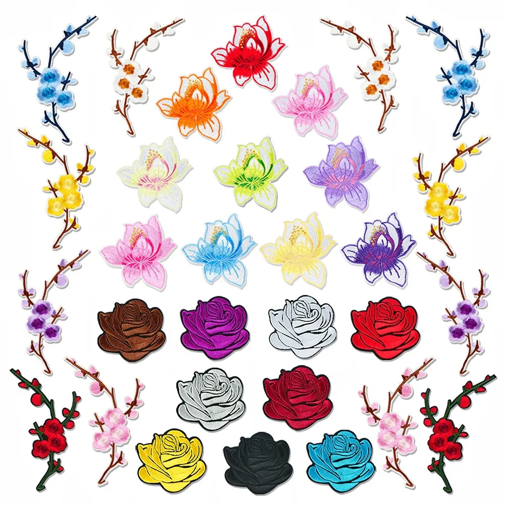 10pcs Embroidered Plum Blossom Lotus Rose Clothing Patches Iron On Flower Logo Sewing Garments Badge Wholesale