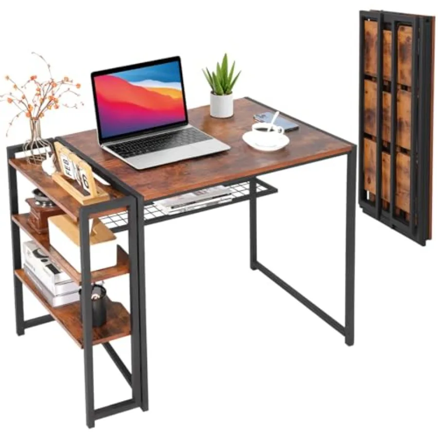 

35 inch Folding Desk Writing Computer Desk with Storage ShelfSpaces Saving Writing Sturdy Table No Assembly for for Bedroom Hom
