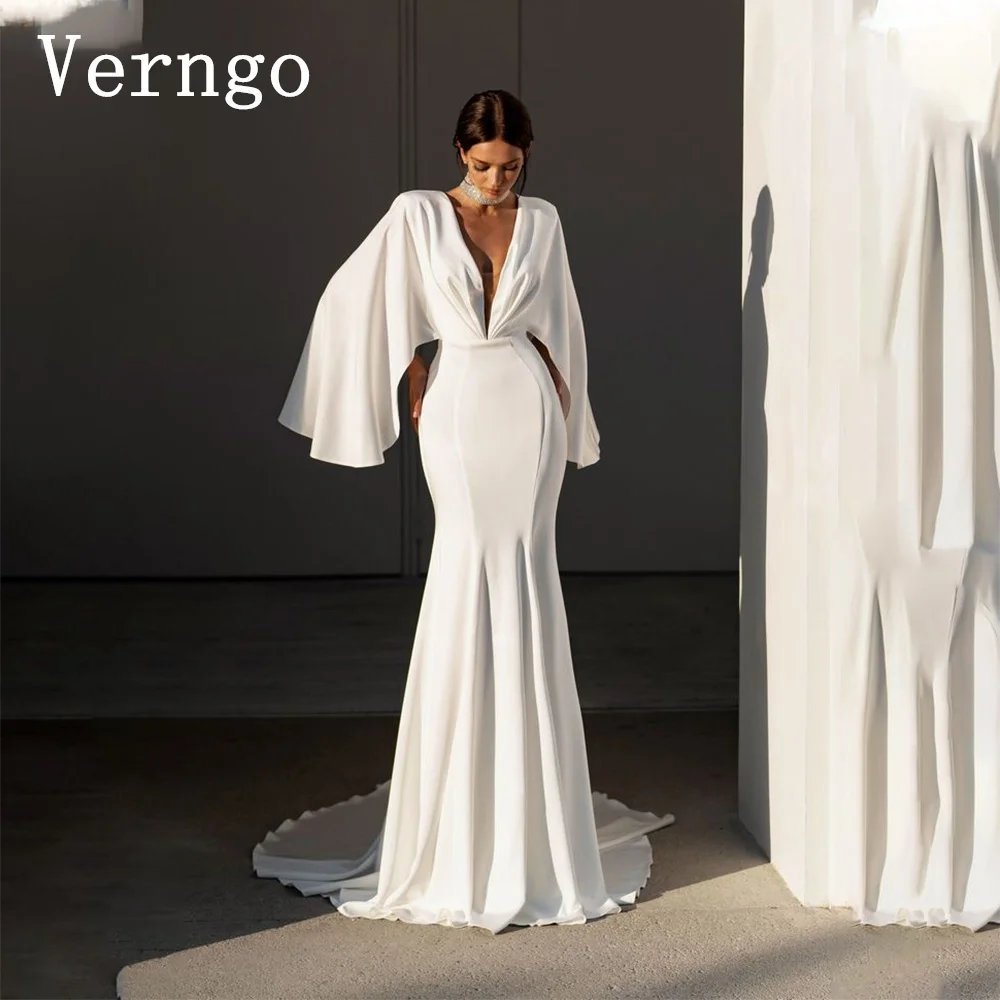 

Verngo Simple Crepe Wedding Gust Dress Pearls Mermaid Bridal Wedding Dress For Women V Back Sexy Unique Civil Bridal Gowns