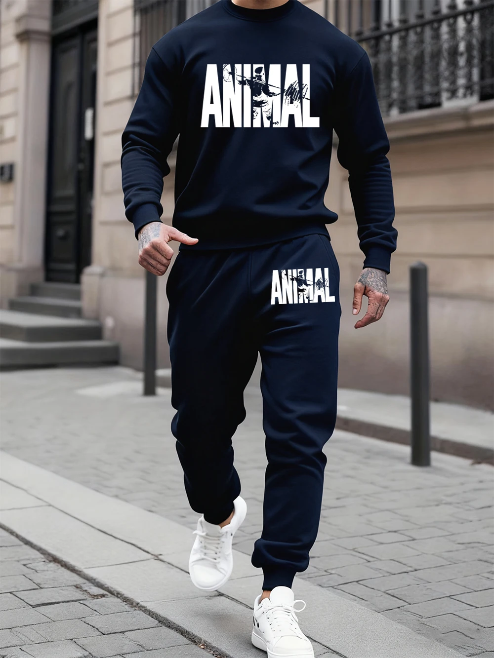 

2 Pcs Hoodies Set Mens Animal Letter Print Sweatpants Winter Loose Fleece Warm Sweatshirts Jogging Pants Sporty Crewneck Clothes