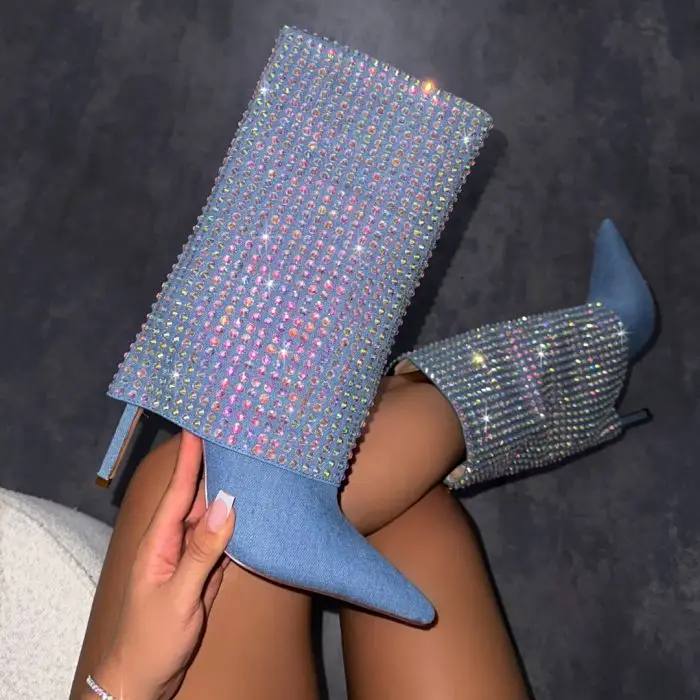 

Blue Denim Diamante Fold Knee High Boots Pointed Toe Stiletto Heels Sewing for All Seasons Women Fashion Sexy Casual Shoes