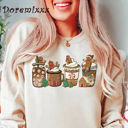 Gingerbread Christmas Coffee Women's Pullover Sweatshirt Long Sleeve Casual Lady Oversized Hoodie Fashion Winter Clothes Women