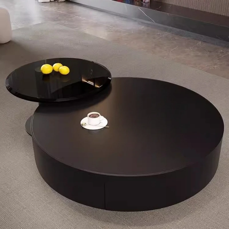 Light luxury pure black rock plate stainless steel round coffee table TV cabinet combination