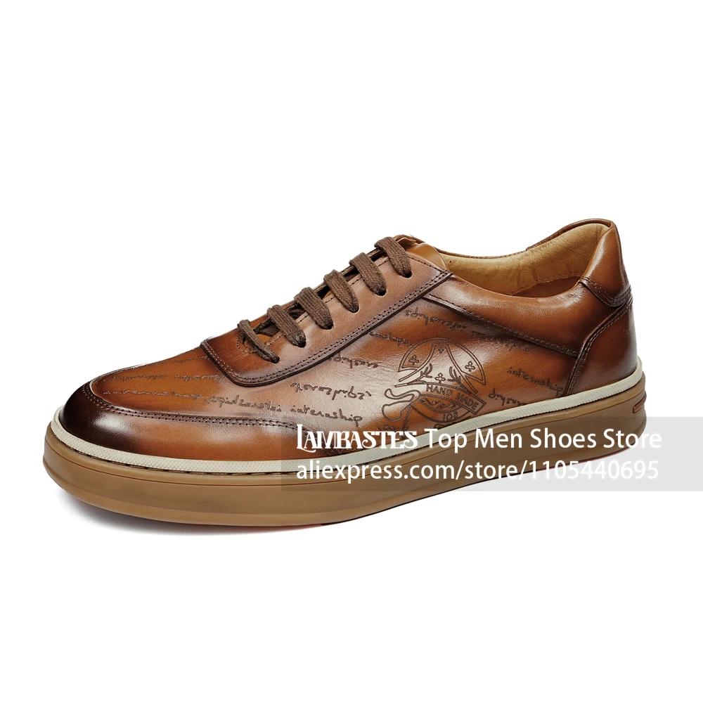 Brown Patina Leather Handwritten Print Sneakers Lace Up Gum Sole Casual Leather Shoes Burnished Toe Retro Casual Shoes for Men