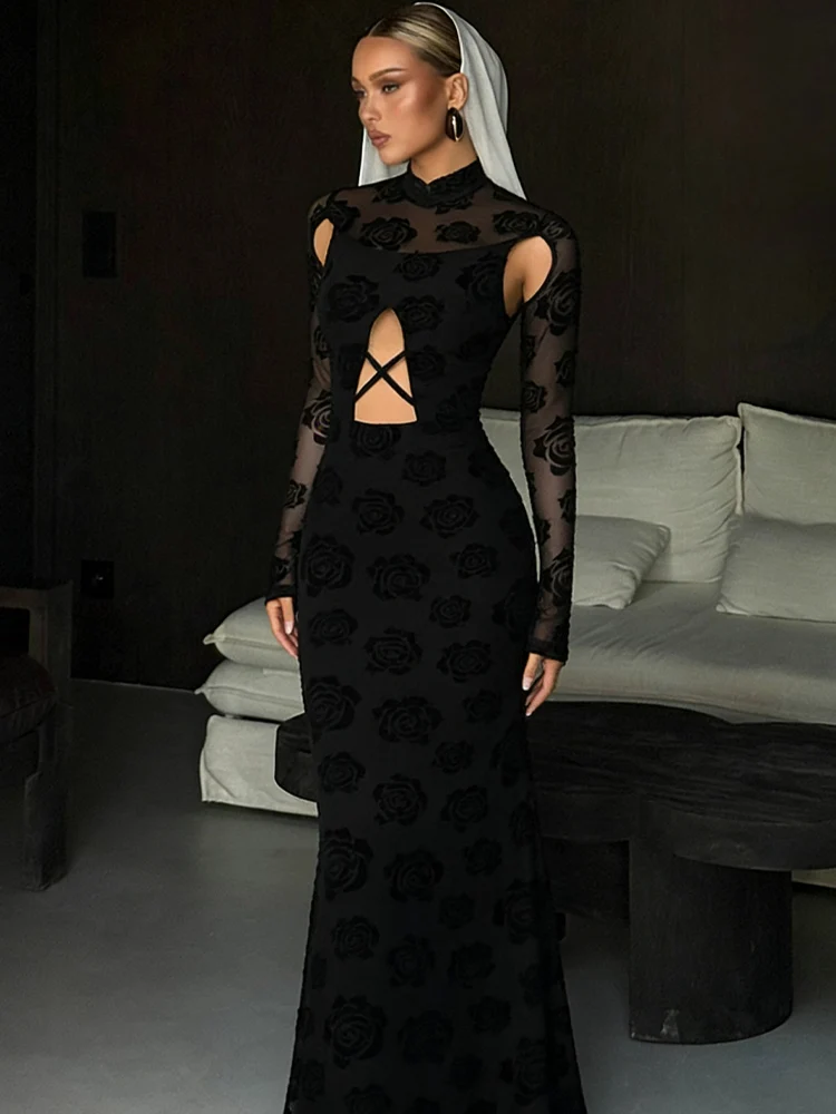 Estranho gato elegante oco vestido feminino apliques retalhos dupla camada meia gola alta noite namoro estiramento magro maxi bodycon