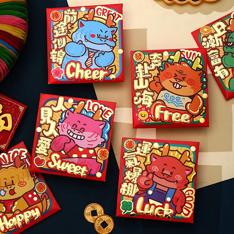6Pcs 2024 Chinese Dragon Year Red Envelope Creative Spring Festival Birthday Kids Gift Lucky Money Envelopes Red Packet