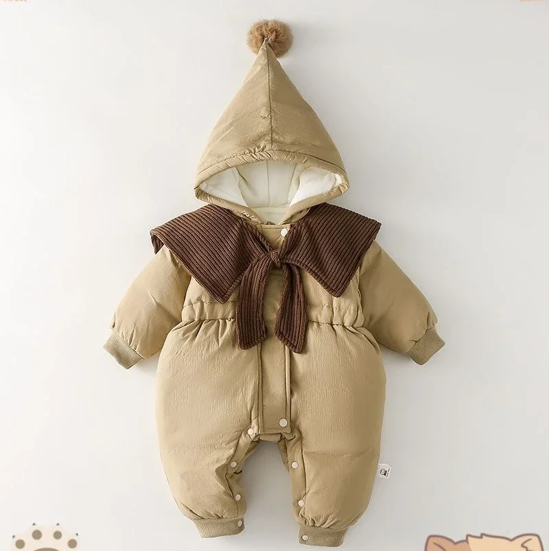 Baby Girls Thick Jumpsuit Winter Cotton Clothes Warm Jacket Cotton Clip New Velvet Cotton Hooded Rompers