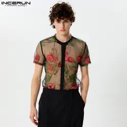 2024 Men Shirt Mesh Transparent Embroidery O-neck Short Sleeve Sexy Casual Men Clothing Streetwear Fashion Camisas S-5XL INCERUN