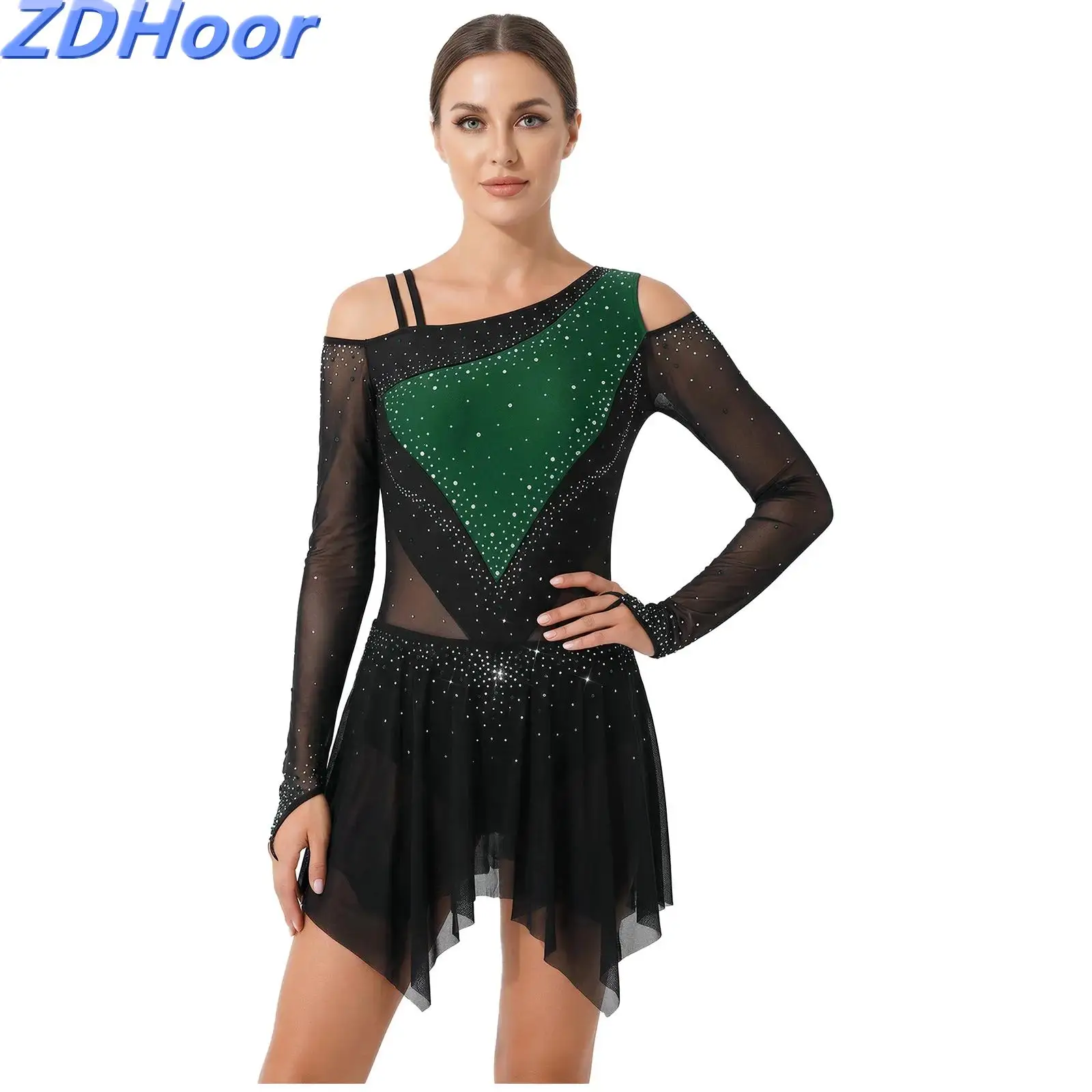 

Womens Figure Skating Dance Dress Rhinestone Shoulder Long Sleeve Irregular Tiered Mesh Hem Buttoned Crotch Bodysuit Dress