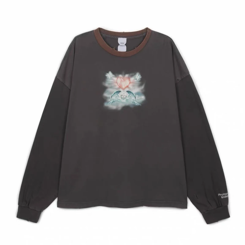 High Street Men Women Washed Retro Protocol Index T-shirt High-quality Contrasting Color Perforated Long Sleeved Top