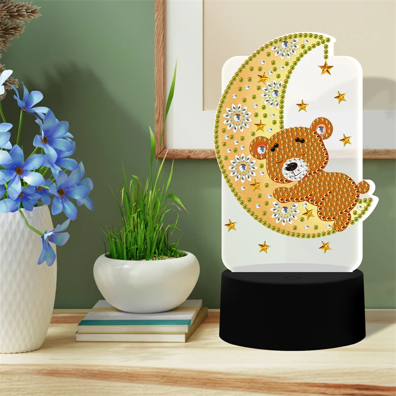 Star Moon Design Starry Dream Bear Acrylic Rectangular Diamond Painting Light Ornament with Colored Lights