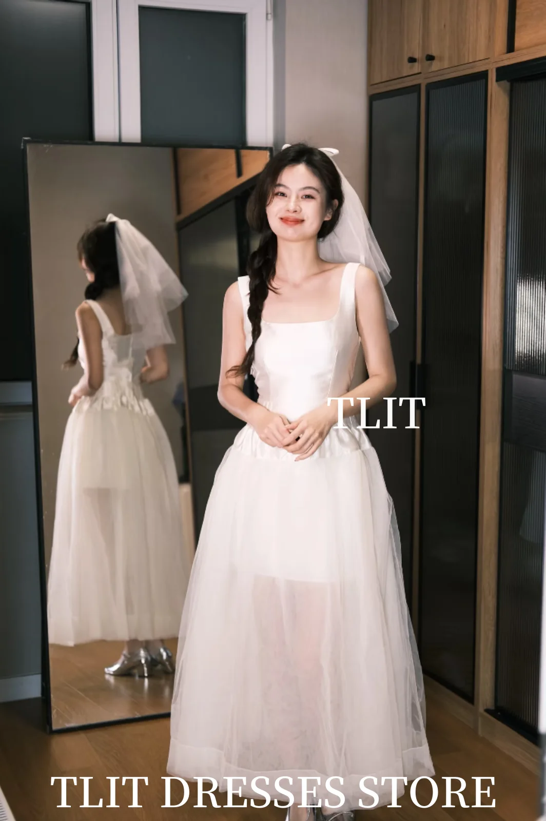 TLIT 우아한 화이트 A 라인 웨딩 드레스 스파게티 스트랩 댄스 파티 드레스 한국 신부 드레스 사진 촬영 맞춤형 발목 길이 가운