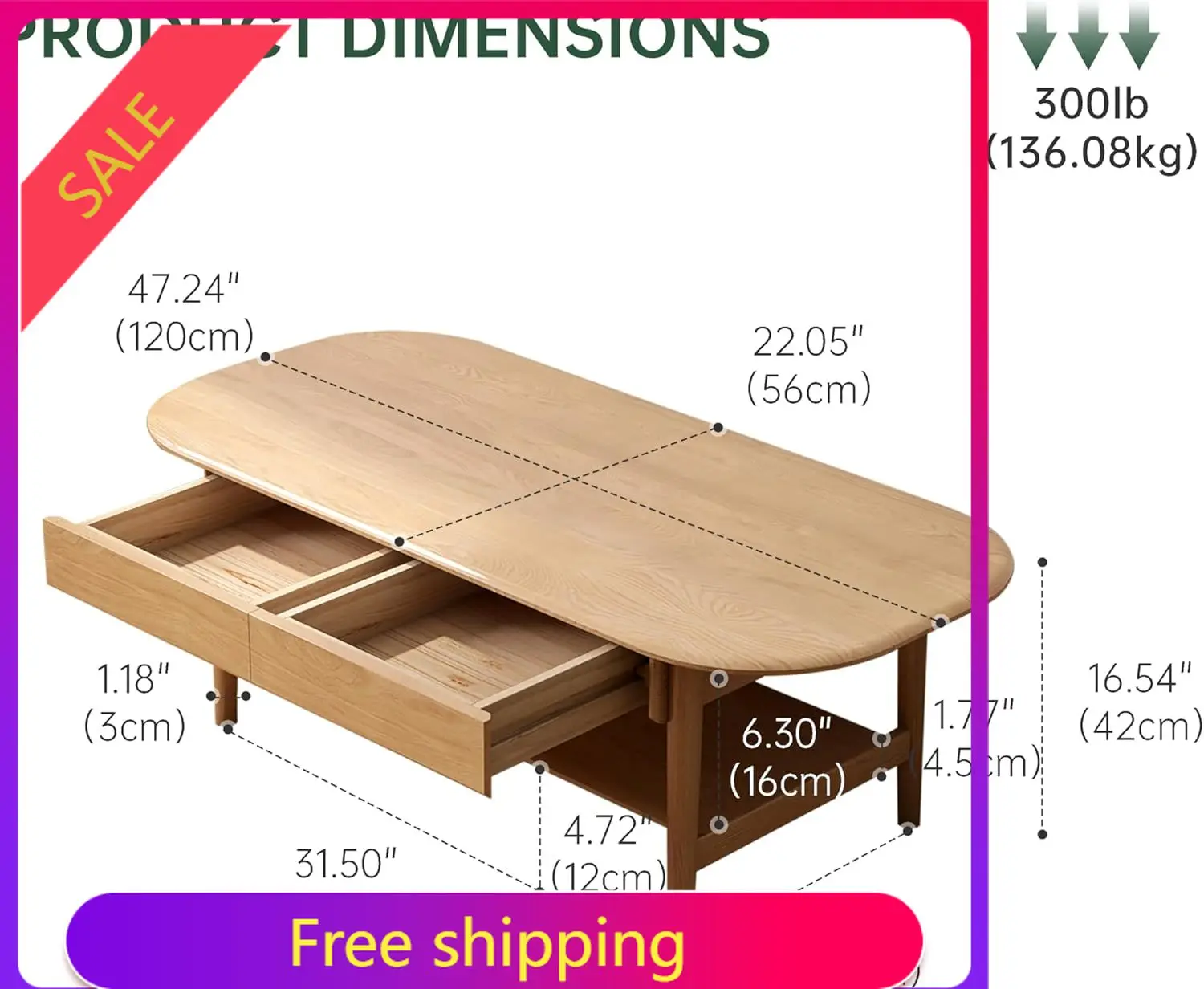 

100% Solid Wood Coffee Table for Living Room, 2-Tier Living Room Table with 2 Drawers and Shelf Storage, Mid Century Modern Coff