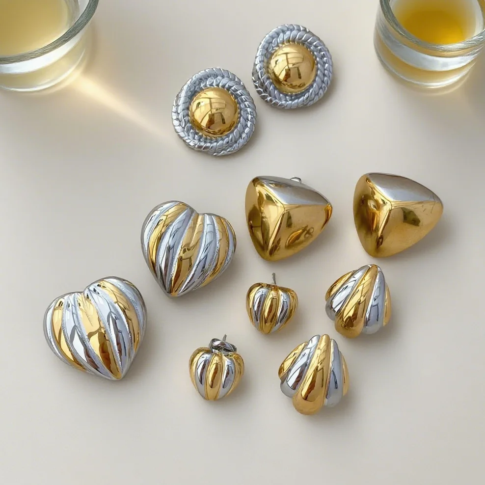 Damen-Stil, modern, minimalistisch, vergoldet, Edelstahl, Schmuck, Gold- und Silberfarbe, spiralförmig, drehbares Herz, runde Ohrringe