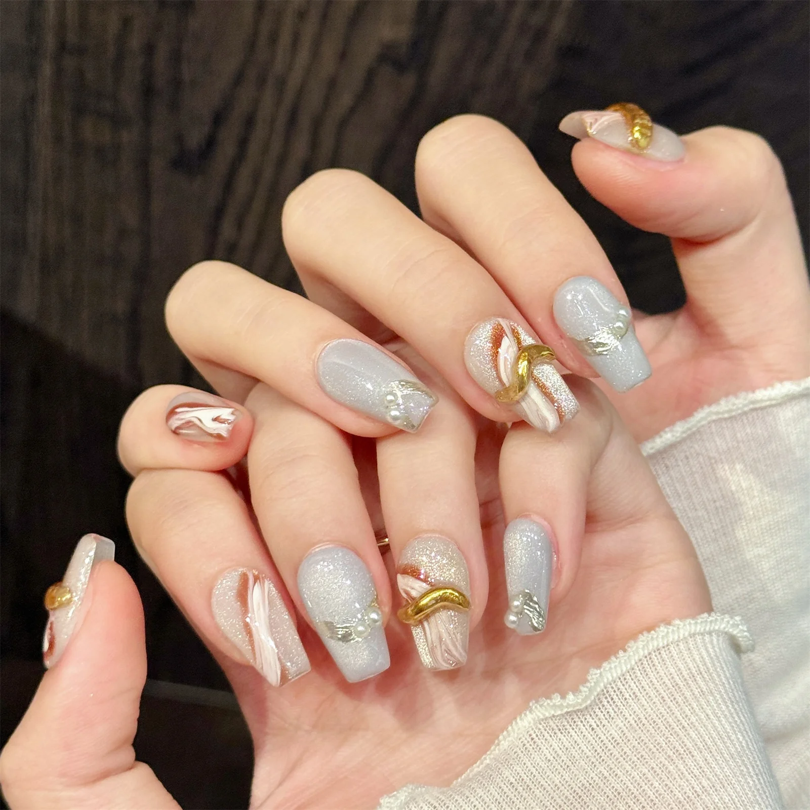 10pcs Glitter Blue Cat Eyes False Nails Gold Luxury Fake Nai