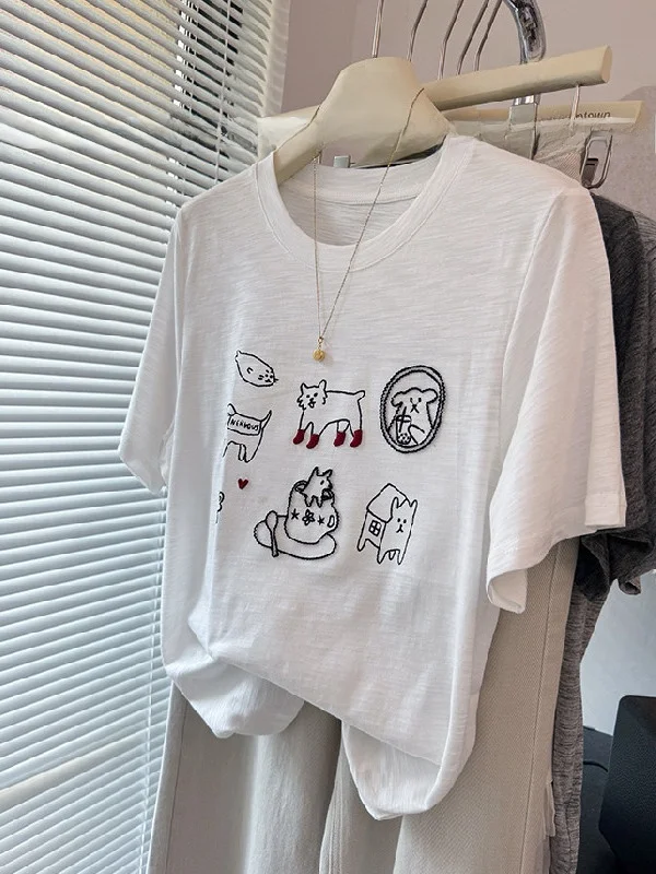 

plus Size Women's T-Shirt Short Sleeve Embroidered Straight Leg Cool Shoulder Summer Top Breathable Cotton Pattern