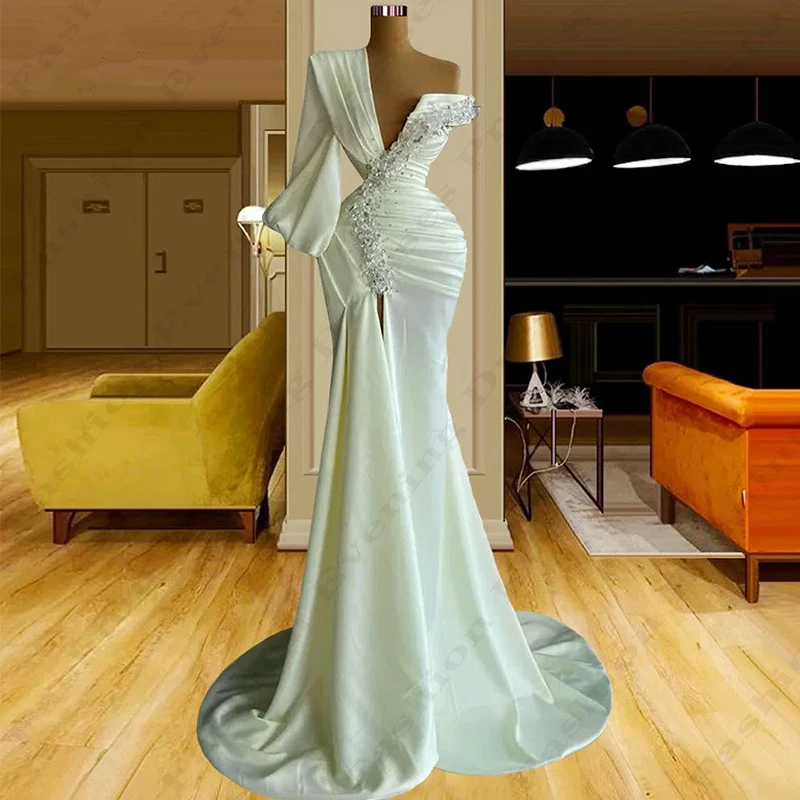 Elegante wunderschöne Satin Abendkleider sexy Mode rücken frei Vintage One Shoulder Sleeve Meerjungfrau abnehmen Wischen Ballkleider