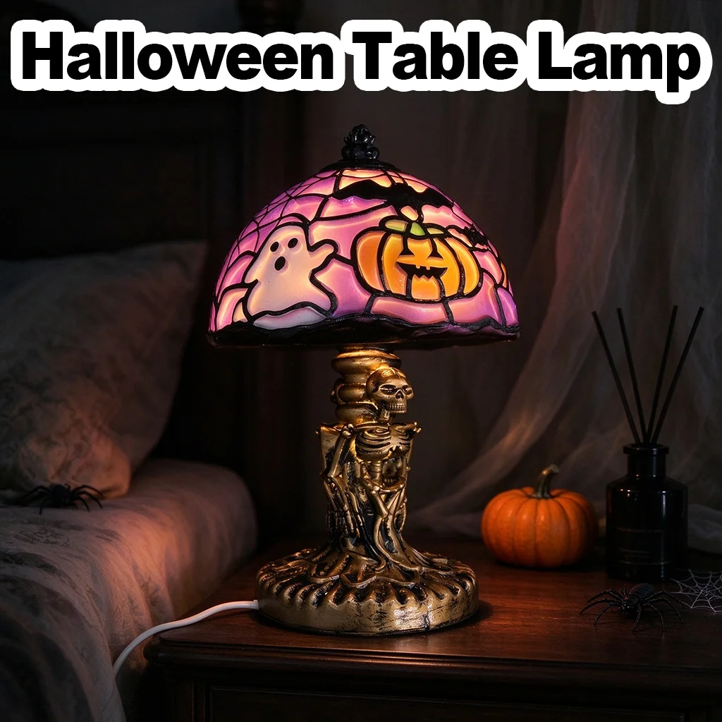 Halloween Resin Painted Pumpkin Table Lamp USB Powered Vintage Handcrafted Witch Hat Pumpkin Lamp for Spooky Party Decoration