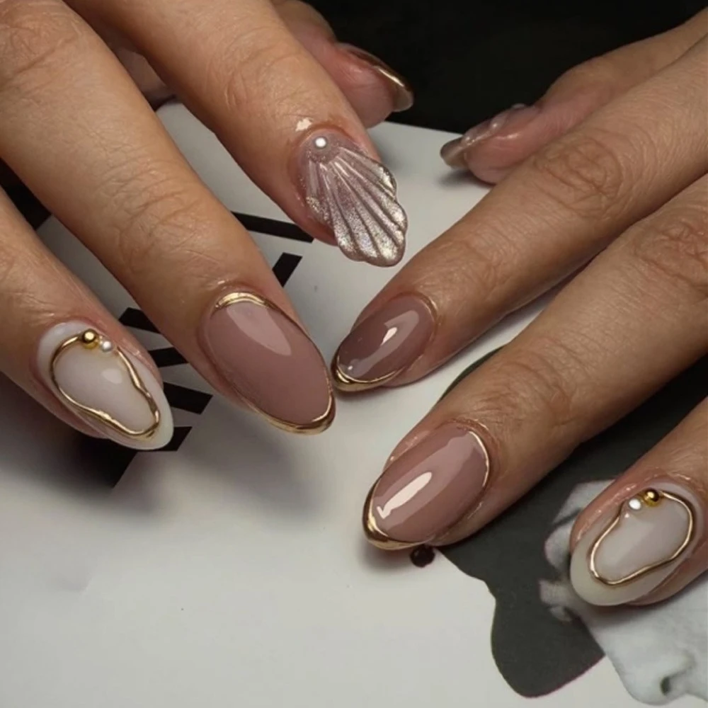 

Glitter Cat Eye 3D Shell Wearable Nail Art Pearl Metal Summer Fashion False Nails Detachable Finished Fake Nails Press on Nails