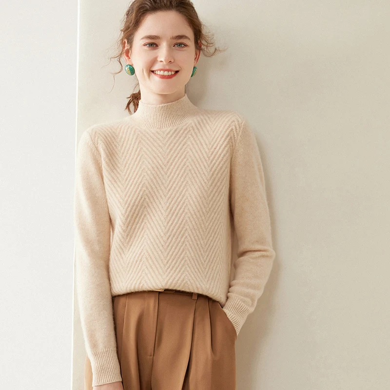 v new autumn and winter 100% cashmere loose fashion cashmere sweater women's half turtleneck pullover warm bottom knit shirt top