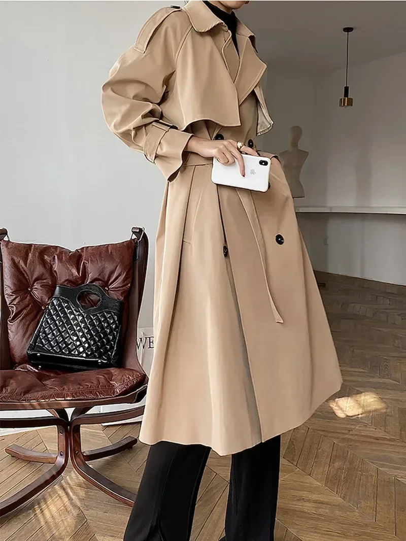 Elegant Khaki Long Trench Coats for Women Vintage Double Breasted Black Windbreaker Korean Casual Loose Long OverCoat Streetwear