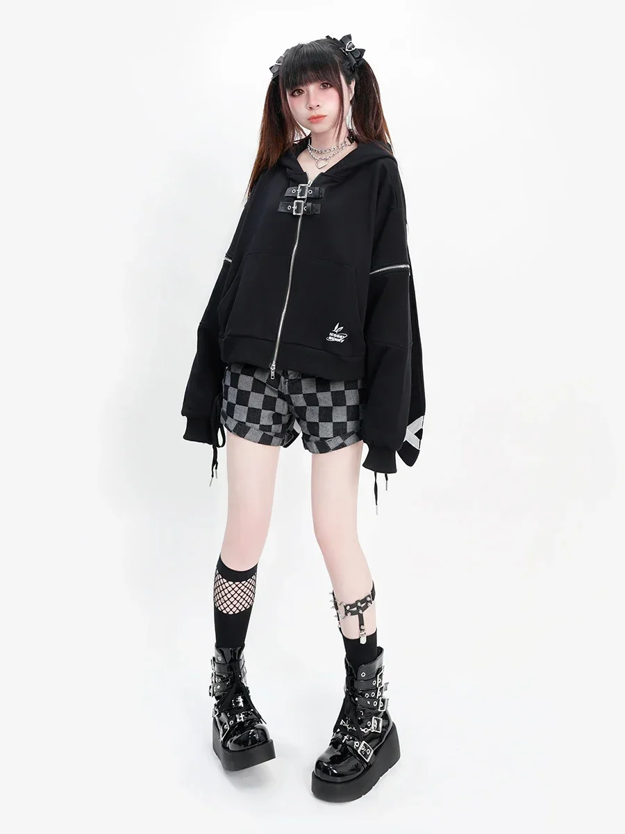 Ruibbit Spring Autumn Women Harajuku Punk Gothic Girls Black Rabbit Ears Hoodies Sweatshirt Loose Hooded Japanese Hip Pop