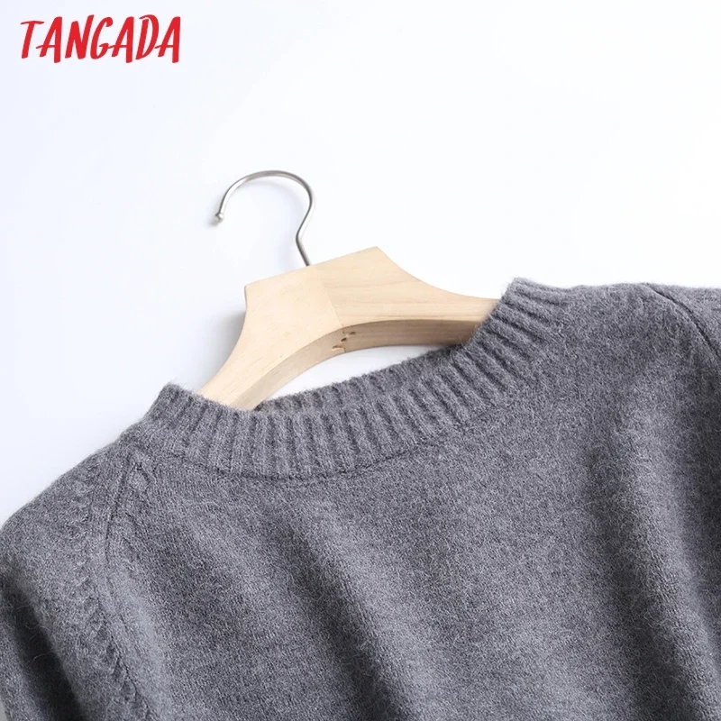 Tangada Frauen Mode elegante beige Strick pullover Pullover o Hals weibliche übergroße Pullover schicke Tops 6 d24