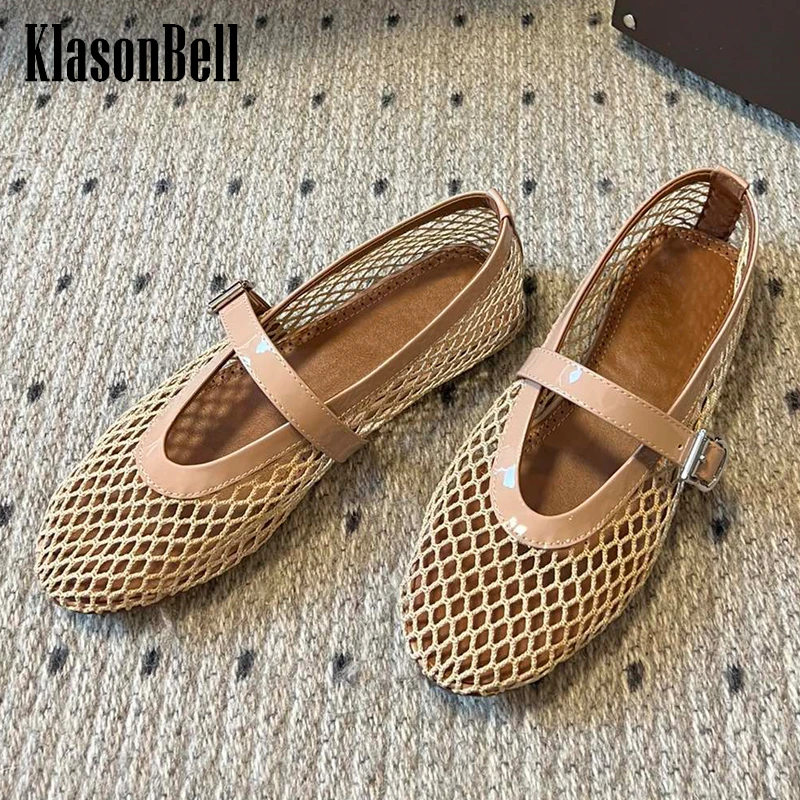 

3.27 KlasonBell 2024 New Sheepskin Spliced Mesh Buckle Strap Pumps Women Hollow Out Breathable Ballet Flats Shoes