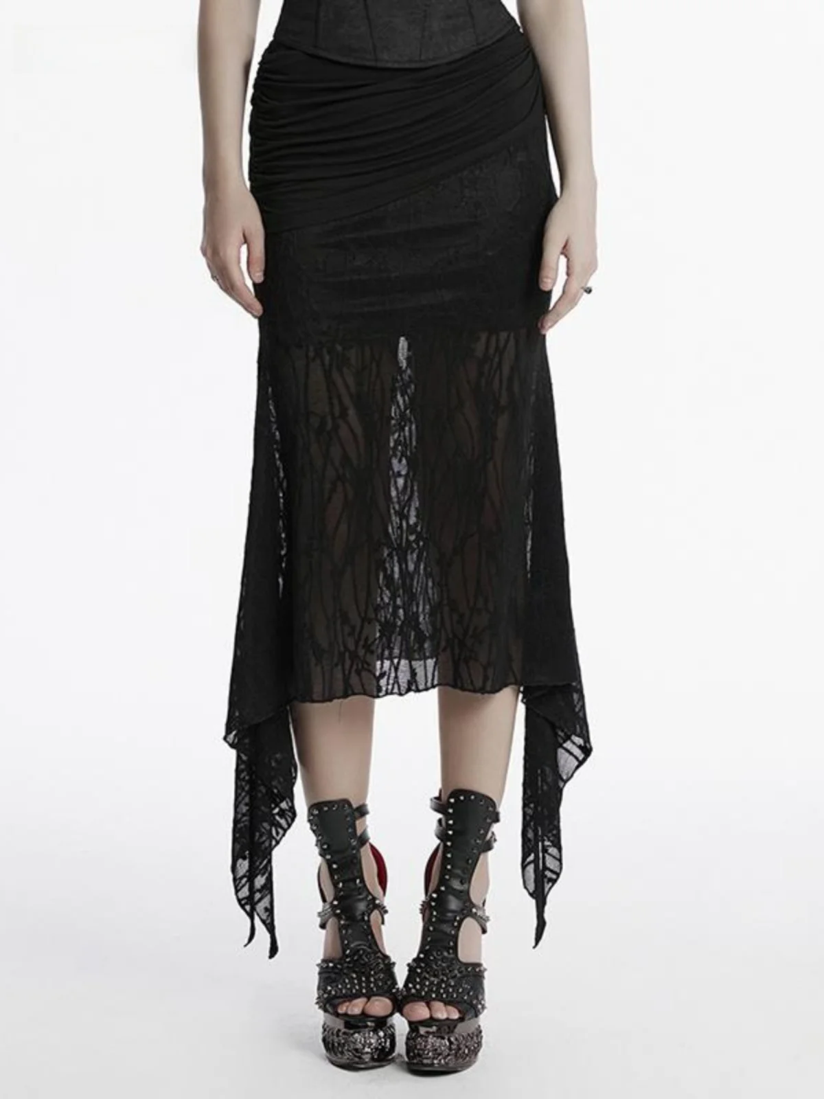 Punk Dark Series Fish Tail Half Skirt Irregular Mesh Splicing Sexy Hollow High Waist Pleated Bodycon Skirt Women's Fashion