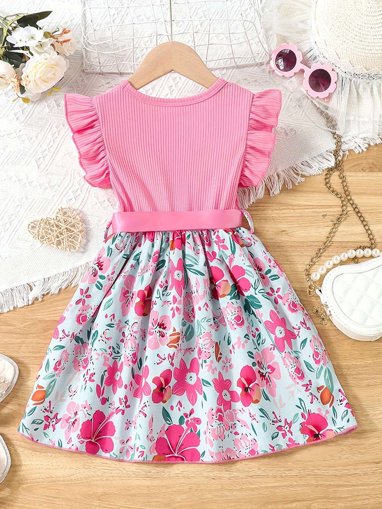 Sweet Girls Splicing Flower Print Flutter Trim Ribbed Belted Dress