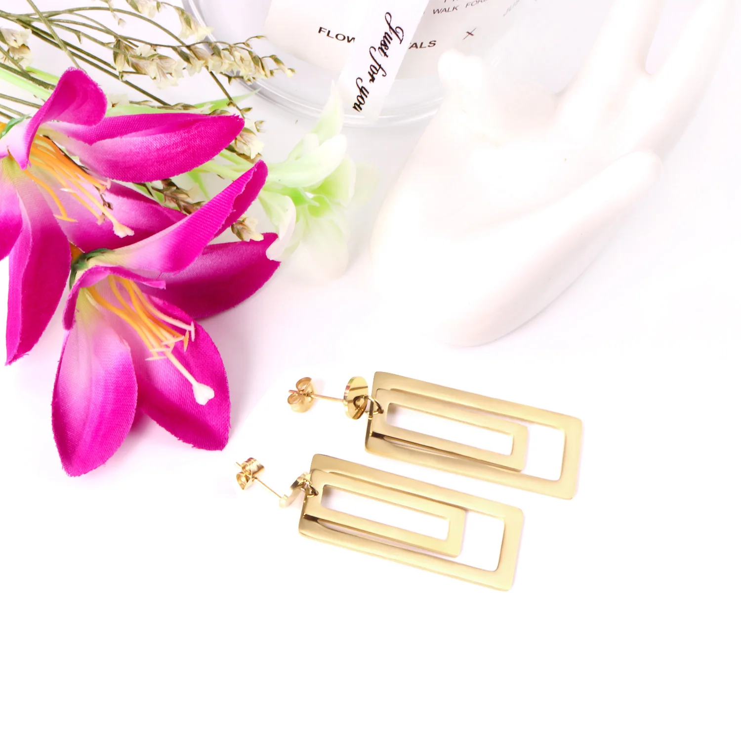 LUXUSTEEL Big Double Rectangle Long Drop Earrings For Women Stainless Steel Studs Earring Punk Female Party Statement Jewelry
