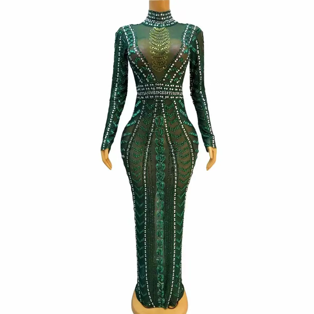 Sexy Stage Green strass maniche lunghe abito cristalli trasparenti Outfit Nightclub compleanno Dance Party Gowns collezioni