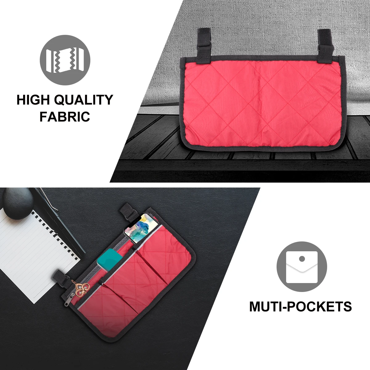 

Handrail Storage Bag Armrest Organiser Mobility Seat Wheelchair Side Multi-pockets Roller