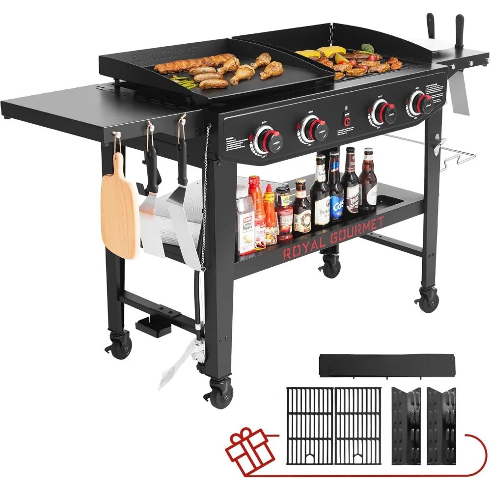 

Propane Gas Grill and Griddle Combo with Grilling Gear Set, 4-Burner Griddle Grills Combo with Folding Side Tables, BBQ Grill