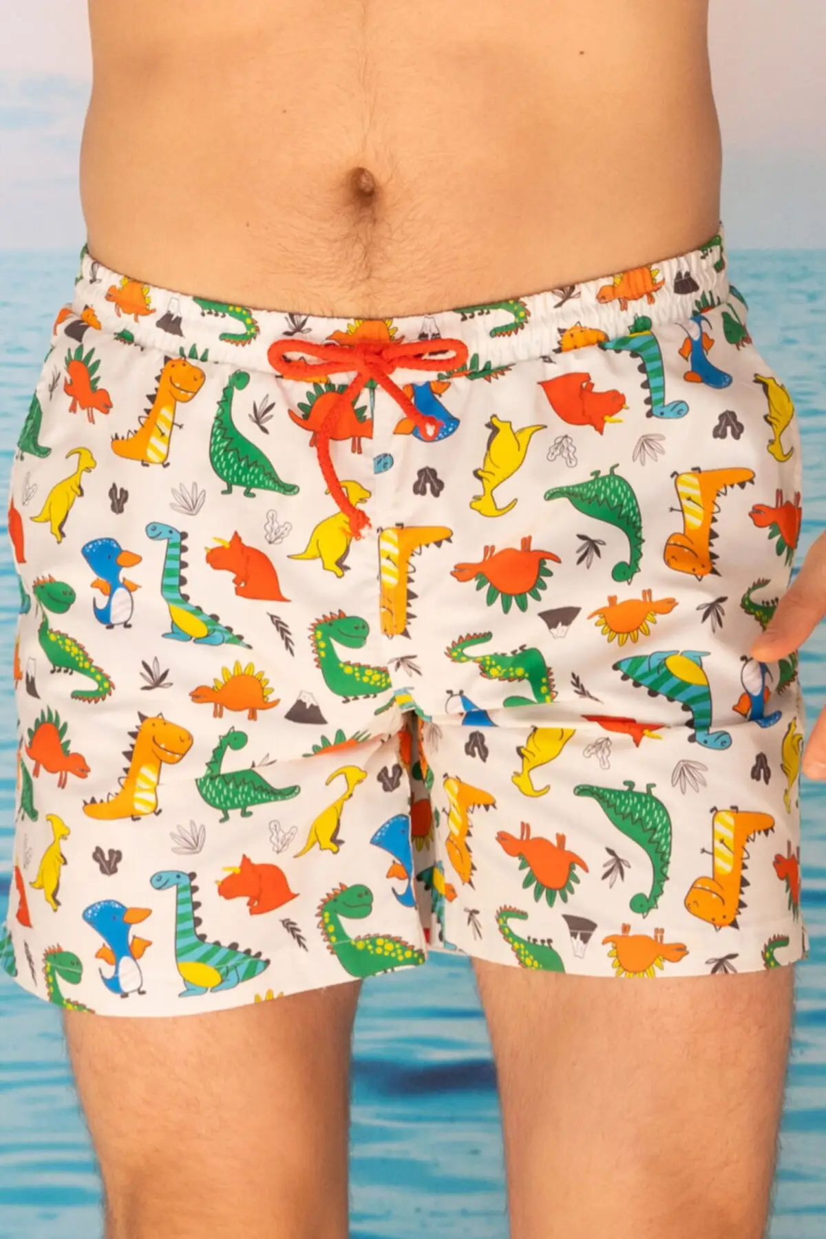 Men and Boys Swimwear Slip Inner Lining Dinosaur Pattern Orange Color Sea-Pool Swimming Trunks Polyester Fabric S- M- L- XL SIZE