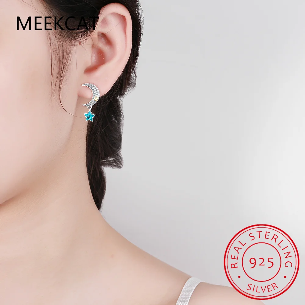 Star Created Blue Sapphire 925 Sterling Silver Planet Asymmetrical Stud Earrings for Women Gemstone Fine Jewelry Birthday Gift