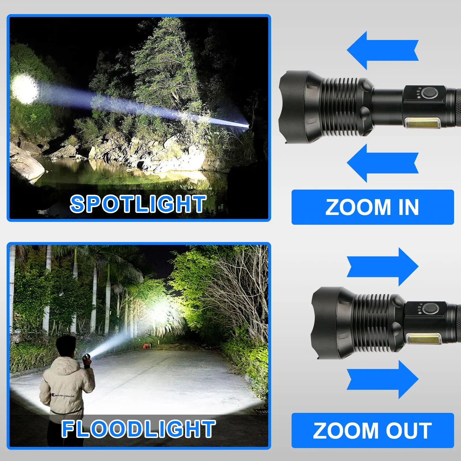 Rechargeable High Lumens LED Flashlights, XHP90 and COB Tactical Flashlights With Zoomable, Waterproof, Super Bright Flashlight