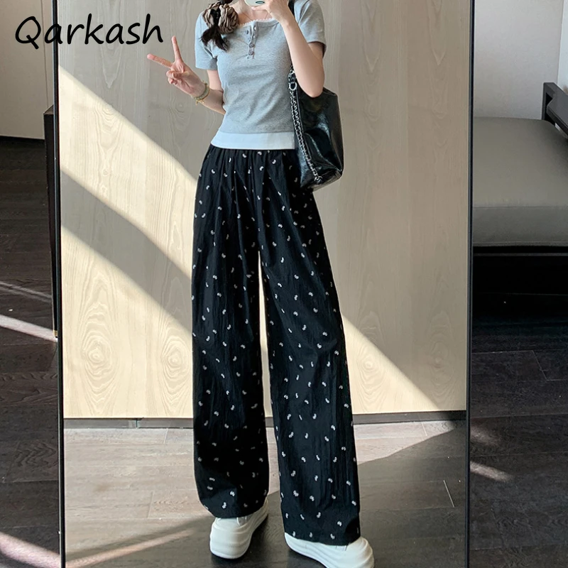 Pants Women Bows Printed Sweet Fresh Casual Loose Wide Leg Elastic Waist All-match Quick-drying Streetwear Lazy Style Summer