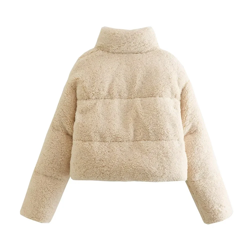 PB&ZA 2023 Autumn and Winter New Women\'s Lamb Wool Short Cotton Coat Standing Collar Thickened Warm Bread Coat Cotton Coat